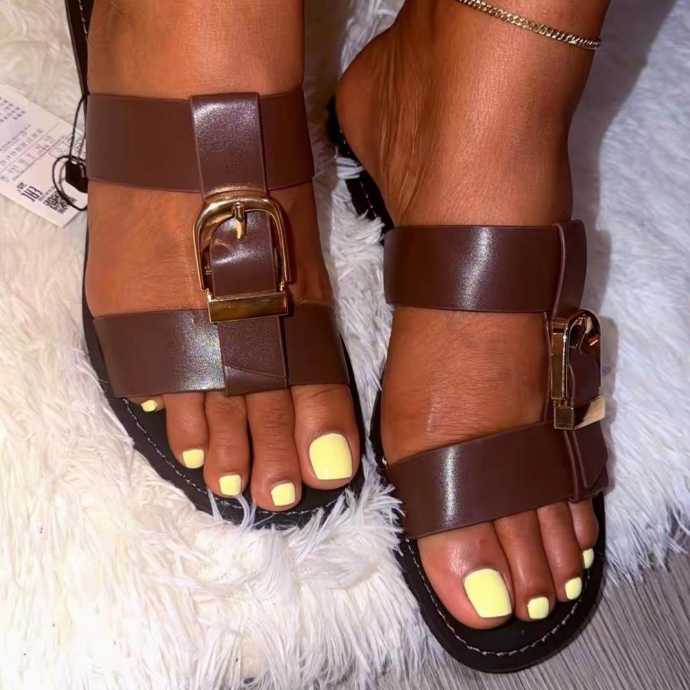 Zara Brown Double-Buckle Leather Slide Sandals